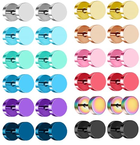 NEWITIN 12 Pairs Dot Stud Earrings for Men Faux Gauges Hypoallergenic Ear Tunnel Earring Surgical Steel Screw Flat Back Round Ear Studs for Women