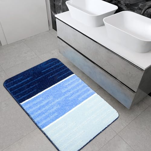 AKCILA COMO Bad Teppich Blau 50x80 cm|absorbierende Badematte bunt | Bad Vorleger waschbar | Rechteckig Badewanne Rutschfest | Badewanne | Badematten & Badteppiche | Badezimmerteppich | Bathroom Rug