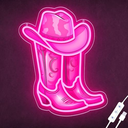 ZLOOREE Cowboy Neon Sign Cowboy Boot Neon Lights for Wall Decor, Pink Aesthetic Western Wall Art, Dimmerable UV Printed Neon Signs, USB Powered for Game Room Party Bar Decor Christmas Birthday Gift