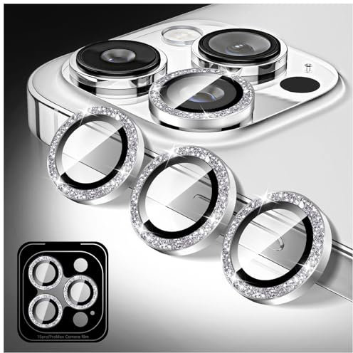 Kucheed Protecteur D'objectif D'appareil Photo à Paillettes pour iPhone 12 Pro Max, Couverture de Caméra en Verre Trempé 9H, Anneaux Métalliques Individuels à Alignement Automatique