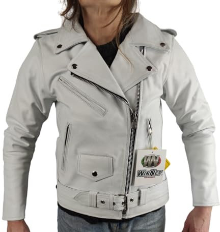 Giacca giubbotto modello Chiodo di pelle Bianco in stile Moto Custom Vintage con Protezioni Removibili omologate C.E. (IT, Testo, XL, Regular, Regular, Bianco)