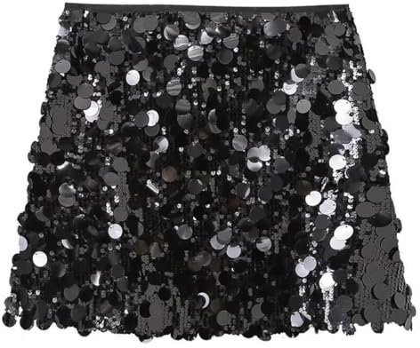EOYVAIL Gonne da danza per donna,Gonna di paillettes da donna, gonna di paillettes con frange, gonna di danza del ventre con cintura di paillettes per feste di carnevale (nero,M)