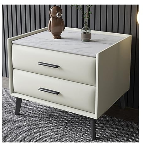 Mesita de noche de cuero para dormitorio, mesita de noche de aleación de carbono, almacenamiento de piernas, muebles espaciosos con losa de roca con asa, dos cajones, mesita de noche (color: blanco