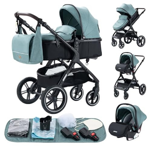 GLOKID Passeggino 3 in 1，Passeggino Canne，Trio，Con Seggiolino Accessori，Adattatori universali，Passeggino per bambini fino a 25 kg，4 ruote con ammortizzatori，navicella，grandi ruote (x1 verde)