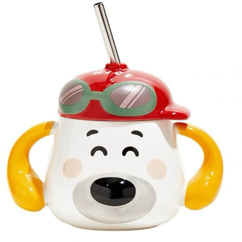 All-Pie 500ml Ceramic Mug, Dog Shaped Cup, Coffee Cup with lid and Straw, Cute (White)