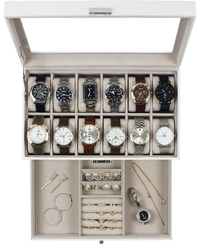 KILHS Watch Box, 12 Slot Watch case with Glass Lid, Lockable Double Watch Storage Box with 1 Wrawer for Rings, Earrings, Gift Idea, White Synthetic Leather, Khaki Lining