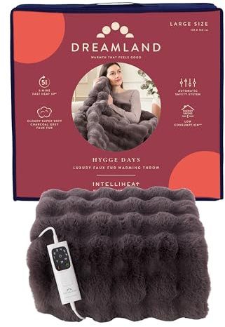 Dreamland Hygge Days Electric Blanket – Heated Throw – Grey Cloudy Supersoft Faux Fur, Fast 5 Minute Heat up, 6 Temperature Settings, 1/3/9 Hour Timer, Electric Throw, Machine Washable, 160x120cm