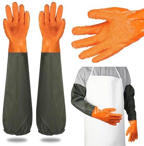 Hahhhha 1 Pair Long Rubber Gloves,27 Fabric Lining Cleaning Pond Gloves,Full Arm Work Gloves for Men and Women,Drain Waterproof Gloves for Gardening Fishery Aquarium(Orange)