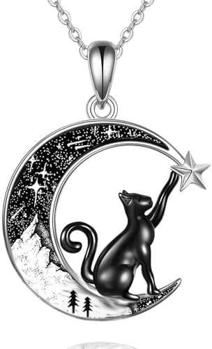 Schwarze Katze Ketten für Damen 925 Sterling Silber,Katzen Halskette Gothic Anhänger Schmuck Geschenke für Frauen