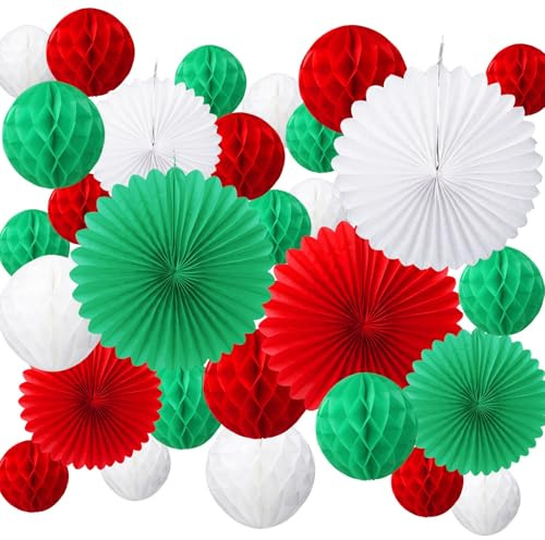 FOGAWA 30PCS Christmas Honeycomb Decorations - Red Green White Paper Tissue Paper Pom Poms Xmas Ceiling Hanging Decorations 10-30cm for Christmas New Year Winter Festival Home Party