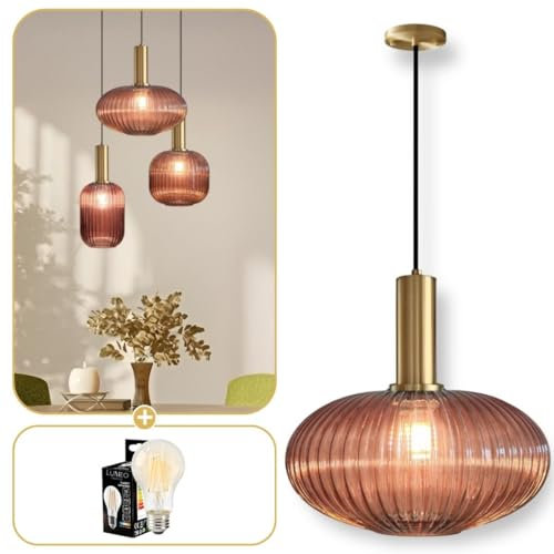 Lumeo creative | Suspension verre fumé Cristali | Lustre vintage pour salle à manger, ilot de cuisine, entree | suspension luminaire salon doré | Suspension vintage (Rouge Brique, C - Poignée Tube)