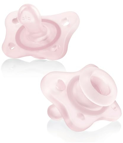 Chicco PhysioForma Mini Orthodontic Pacifier for Babies 0-2 Months, Ultra Light & Small, 100% Soft Silicone, Supports Breathing, One-Piece Design, Included Sterilizing Case, BPA Free, 2-Pack, Pink