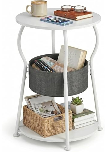 ZEXVIDA Runder Beistelltisch Vintage, 3-stufiger Industrieller Runder Beistelltisch mit Stauraum, Nachttisch Kleiner Tisch Sofatisch für Wohnzimmer Schlafzimmer Balkon (Weiße, 40W*55H)