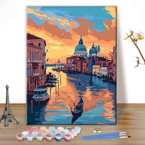 MEIYUDA Peinture par Numero Adulte Venise Nocturne, DIY Peinture Acrylique pour Adultes Débutants Facile sur Toile Avec Peintures et Pinceaux Decoration Maison Cadeau 40x50cm(sans Cadre)