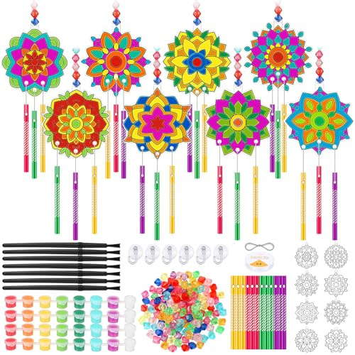 VioraWhite 24 Sets Mandala Suncatchers Wind Chimes Window Art Kits, DIY Summer Vbs Sun Catchers Wind Chimes Bulk Ornaments Painting Craft Kits for Boys Girls Home Party Activity Project Decor