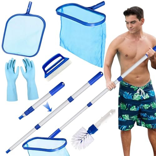 MWZEAUL Kit de Piscine Nettoyage, Épuisette de Surface Piscine et Epuisette Piscine Fond, Filet de Piscine Maille Fine avec Manche Télescopique en Aluminium, pour Piscines, Spas, Fontaine, Étang