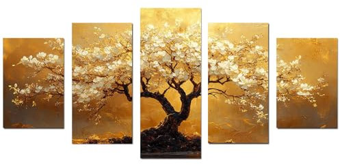 TODOAA 5 pezzi Astratto Quadri Soggiorno Albero della vita Stampa su tela, Graffiti Albero in fiore Moderni da parete Camera da letto Ufficio Decorazioni - 100x200cm Non incorniciato(Giallo)