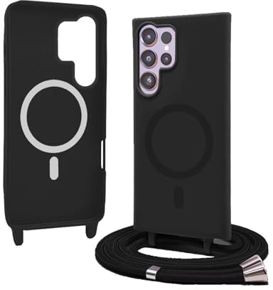 Bigcousin Coque Magnétique pour Samsung Galaxy S24 Ultra avec Cordon,[Compatible avec MagSafe],Silicone avec Collier Case Portable Cover,Réglable Collier Lanyard Case,Noir