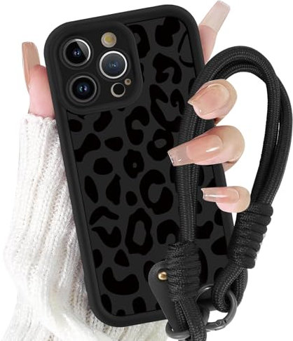 Yirlbey Handyband Handyhülle für iPhone 12 Pro Max Hülle mit Armband 6,7, Schnur Schutzhülle mit Aesthetic Leopard Muster mit Kordel zum Umhängen Cover, Silikon Case für iPhone 12 Pro Max, Schwarz