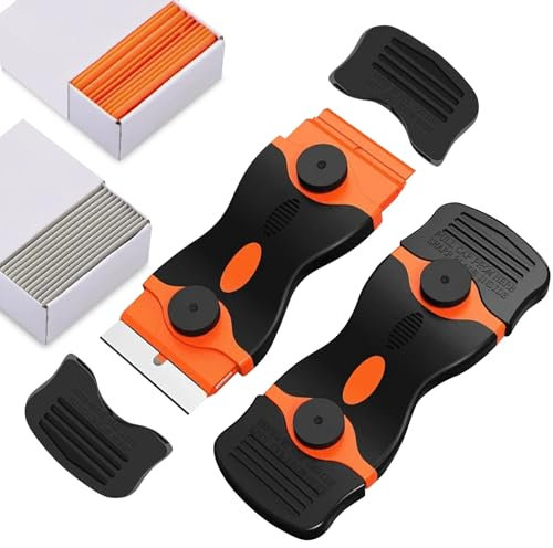 2 PCs Double Edged Non Scratch Cleaning Tool with 10 Steel and 10 Plastic Blades, Glass Scraper Scraper Tool Set for Ovens, Windows, Ceramic Hob, Wallpaper, Stickers, Labels,Kitchen