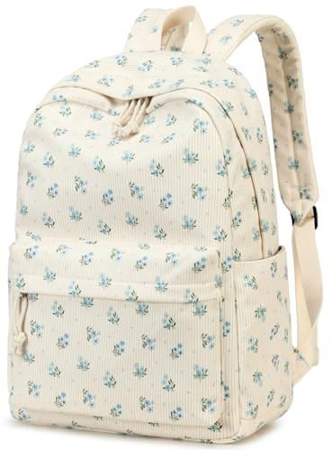 Backpack for Teen Girls Corduroy Bookbags Elementary Middle High School School Bag Lightweight Women Travel Casual Daypacks, Blue Flower, Middle, Leisure
