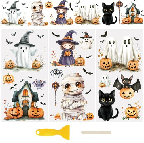 WANDIC 3 Bogen UV DTF Halloween Aufkleber, Süßes Geist Cup Warp Halloween Rub on Sticker, Wasserfest Möbel Aufkleber für DIY Glas Fenster Wasserflasche Handwerk, Kürbis Geister Fledermäuse, 15 x 30 cm