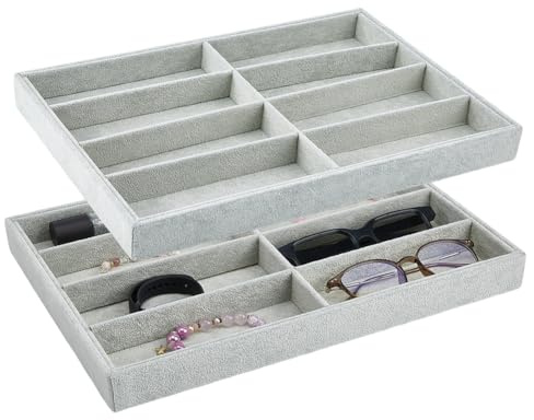 DICOSMETIC 2Pcs 16 Grids Velvet Sunglasses Organizer Tray Stackable Eyeglass Jewelry Tray Display Organizer Trays Glasses Drawer Storage Set for Necklace Bracelet Earring Jewelry Watch