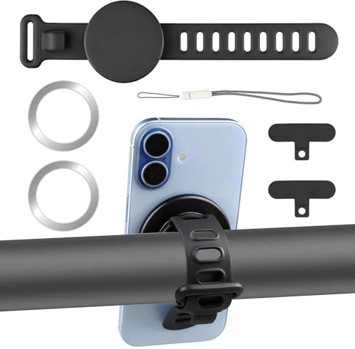 Poeloisy Magnétique Support Téléphone pour Poussette, Vélo, Salle de Sport | Compatible avec iPhone 17/16/15/14/13/12 Série, Support Universel à Sangle Silicone Réglable 360°, Volant, Tapis de Course