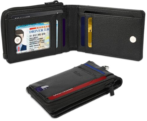 Teskyer Mens Wallet - RFID Blocking, Holds up to 10 Cards, 2 ID Window, 1 Banknote Compartments, 1 Coin Pocket with Zip, Minimalist, Faux Leather, Black