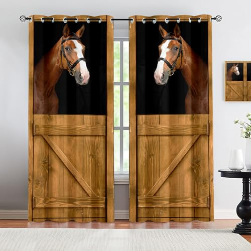 VELOMEA Pferde Vorhänge mit Stalltor Motiv und Realistischem Pferdekopf, Rustikale Country Stil Verdunkelungsgardinen für Wohnzimmer Schlafzimmer Fensterdeko, Öse, 2er Set H114 × B53.5 cm