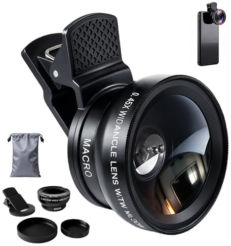 Pretify Lente Macro para Movil, Kit de Lentes Gran Angular 0,45 X y Macro de 12,5 X, 2 en 1 Objetivo Universal para iPhone 16 15 14 Pro MAX Smartphones iOS y Android la mayoría de Smartphones