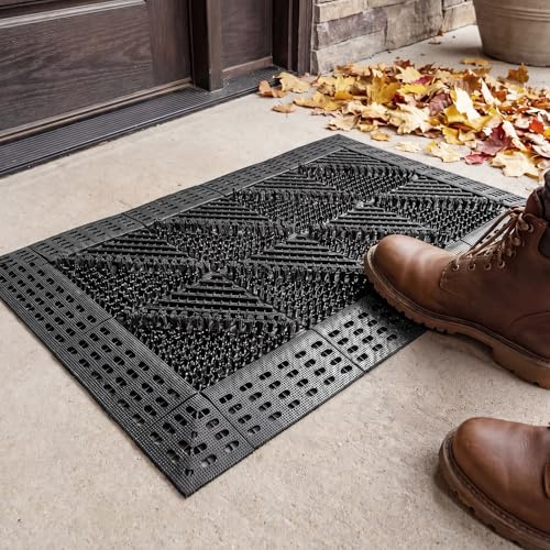 YOOPIN Heavy Duty Outdoor Mat, 45x75cm, Black | Non-slip dirt scraper with drainage holes. Includes installation hammer for front door