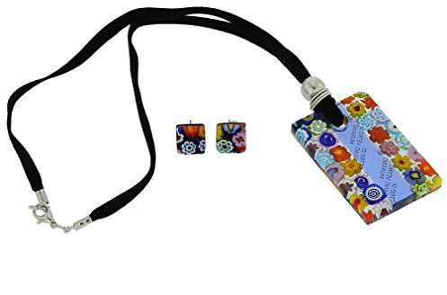 Murano Glas Millefiori Halskette und Ohrringe Set - Blauer Streifen