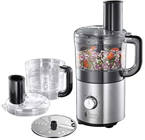 Russell Hobbs Robot da Cucina Multifunzione - Trita,Taglia,Grattugia - Design Salvaspazio, Ciotola da 1,2 l Lavabile in Lavastoviglie, Disco in Acciaio Inox, Tritatutto, 25280-56