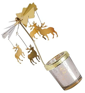 Holibanna Rotierender Kerzenhalter Weihnachtskarussell drehender Hirsch Teelichthalter Tischdekoration (Gold)