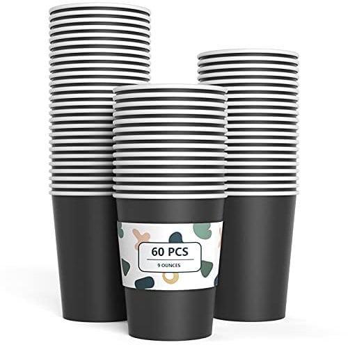 Lot de 60 gobelets en carton jetables biodégradables et compostables pour fête, anniversaire, bricolage - Noir - 266 ml