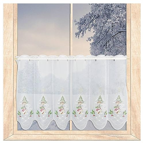 Winter-Scheibengardine Kleiner Schneemann am Tannenbaum HxB 55x160 cm | Zauberhaft bestickte Kurzgardine | Halbtransparenter Voile 100% Polyester | Weihnachtsgardine von atelier alles-Spitze