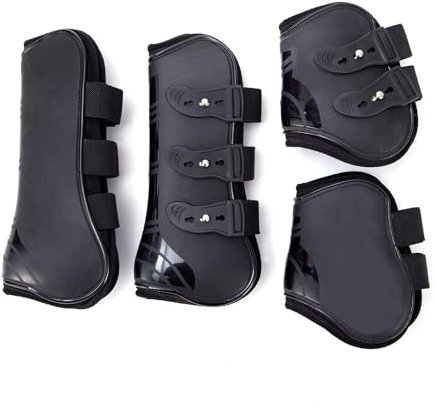 Merauno® Gamaschen Pferde 4er Set Sehne Schützer Fetlock Pferdesprungschutz Vorne Hinter Paar Robust Elastisch PU Shell Neopren Knopfverschluss 2 Paar für Damen& Herren (L(WB), Schwarz)