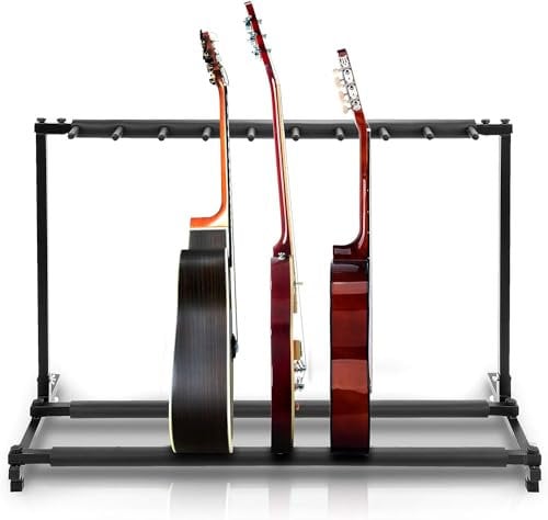 Pyle Guitar Stand - 9-Space Foldable Guitar Stand, Guitar Stand Portable, Multi Guitar Holder, Collapsible Instrument Floor Guitar Rack Holder, For Acoustic, Electric, Bass Guitar w/ Case