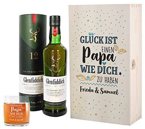 Herz & Heim® Genießerpaket für Papa Whisky mit gravierten Whiskyglas in Box - Glück ist einen Papa wie dich zu haben