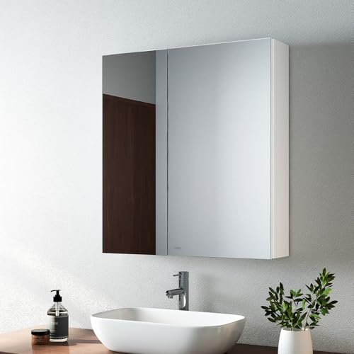 EMKE Bathroom Mirror Cabinet Double Door - Wall Mounted Bathroom Cabinet Storage Cupboard with Adjustable Shelf, Waterproof Bathrooms Wall Storage Cabinets, White 60L x 65H x 14.5D cm