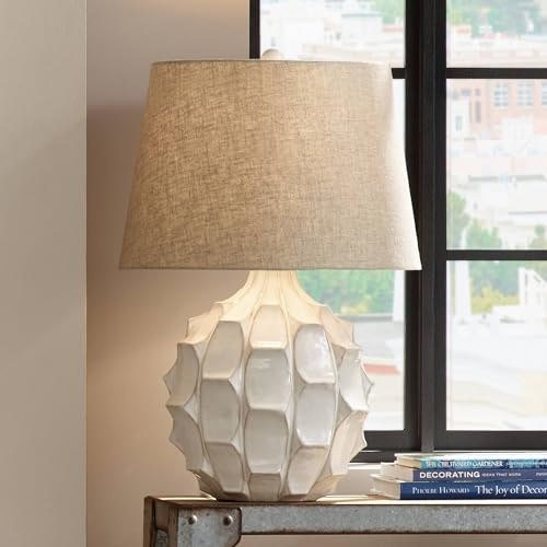 Possini Euro Design Cosgrove Mid-Century Modern Table Lamp with USB Charging Port 26.5 High White Ceramic Light Brown Linen Drum Shade Living Room Bedroom House Bedside Nightstand Home Office