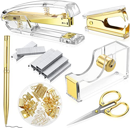 Bürobedarf Set Schreibtisch Zubehör Kit, Acryl Heftgerät Set Heftklammerentferner, Klebebandabroller, Binder Clips, Büroklammern, Kugelschreiber und Schere mit 1000 Stück 26/6 Heftklammern (Gold)