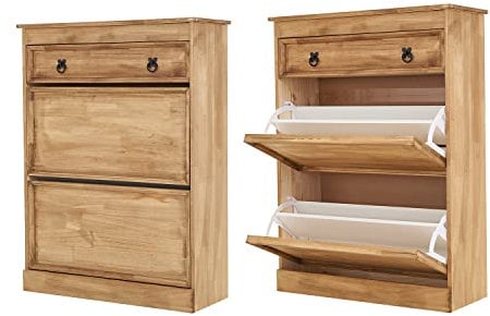 Panana 2 Tiers Shoe Storage Cabinet, Wooden Shoe Racks with Drawer hoe Stand Storage Cupboard Sideboard Organizer Unit, 75cm x 28cm x 100cm