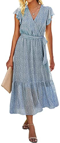 SEVETAT Damen Chiffon Boho Lange Kleid mit Gürtel Sommerkleid Partykleid Elegant V-Ausschnitt Maxikleid Blumenkleid Abendkleid Rüschen Strandkleid Cocktailkleid (Hellblau, L)