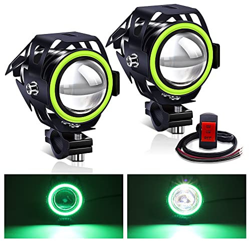 YnGia Focos delanteros para motocicleta con halo verde, 2PCS U7 Luces de circulación diurna para motocicleta Luces antiniebla LED Faros delanteros 12V 24V con interruptor de 3 cables