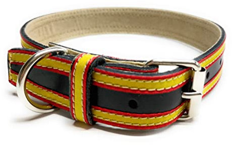 Collar de Cuero para Mascotas con Bandera de España | Collar de Piel para Perros (Cuello de 35 a 45 cms., Negro España Lados)