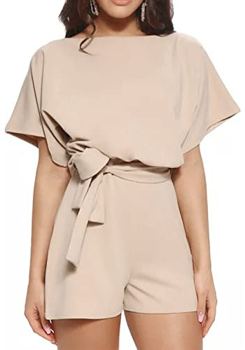 Ejoyous Jumpsuit Damen Sommer Blumen kurz Overall, Jumpsuit Kurz Playsuit Overal Elegant mit Bindegürtel Ausschnitt Spagettiträger Stretch Locker Damen Frauen(S-Aprikose)