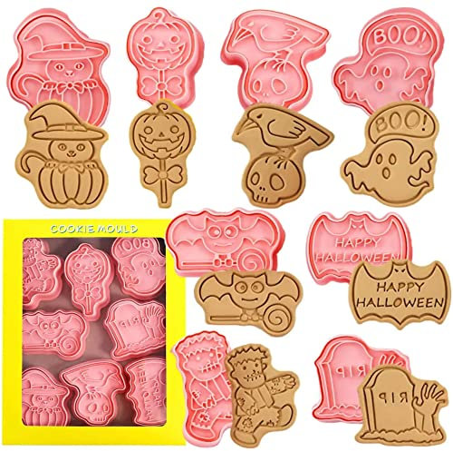 ZELAITE 8-teiliges Halloween-Cookie-Cutter-Set, Keksform mit 8 Stück: Kürbis, Fledermaus, Geist, Totenkopf, Katze, Spinnennetz, Hexenhut, Süßigkeit