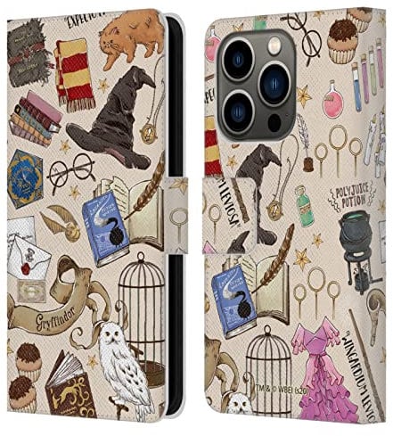 Head Case Designs Officially Licensed Harry Potter Hogwarts Pattern Deathly Hallows XXXVII Leather Wallet Case Compatible With Apple iPhone 14 Pro